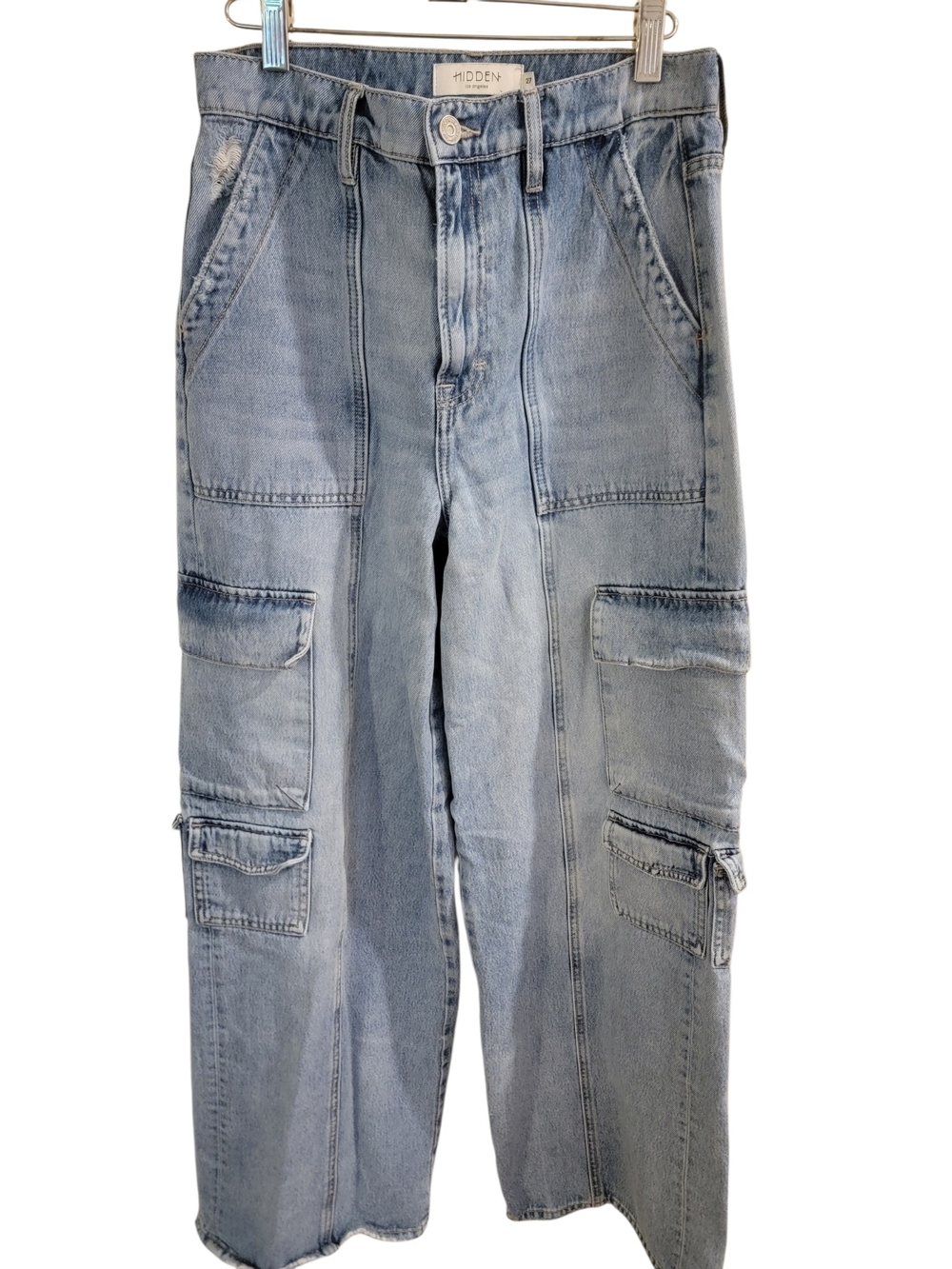 Hidden Los Angeles Cargo Utility Wide Leg Jeans Women's 27 High Rise Light Wash